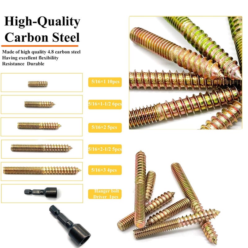 Matrelt 31 Pack 5/16-18" Hanger Bolts 5Sizes 1-3 Inch Include1 pcs Hanger Bolt Driver Double Headed Bolts Wood Dowel Screw Self-Tapping Screw Hanger Bolt for Furniture Screws Wood Screws Double Threaded - Image 3